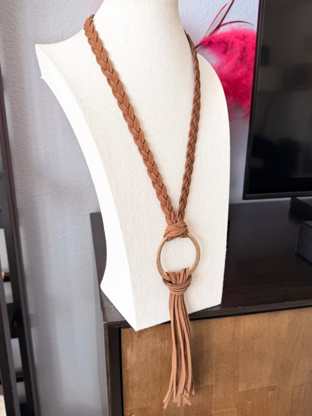 INC International Concepts Braided Tassel Necklace in Brown with Gold Ring - Picture 2 of 5